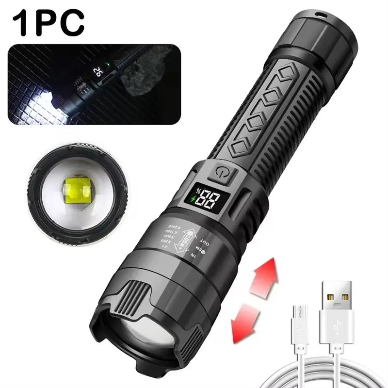 Lanterna superbrilhante de 1600000 LM recarregável por USB LED de longo alcance tática para áreas externas, à prova d'água, para acampamento e pesca