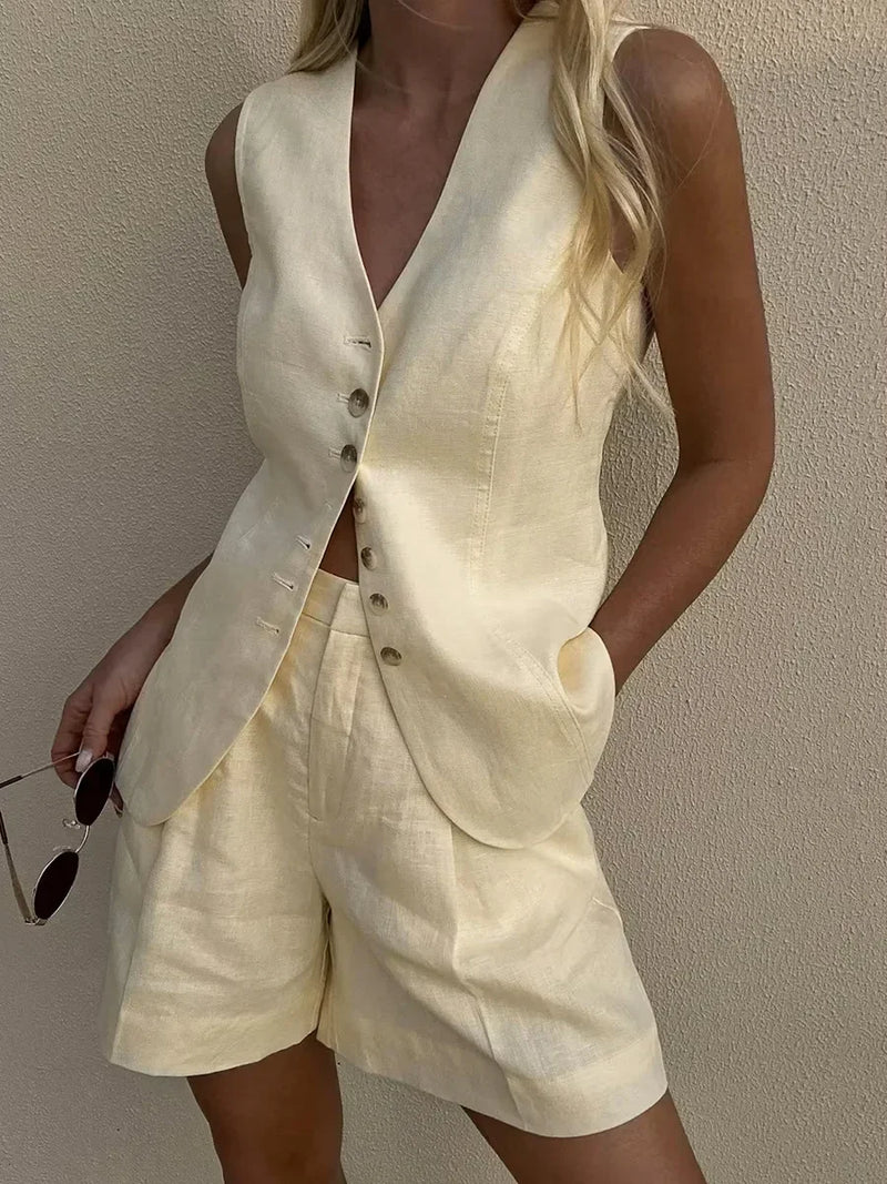 🌿 Wolfeel | Conjunto Algodão Linho Chique Casual Feminino Regata & Shorts – A Essência da Mulher Livre