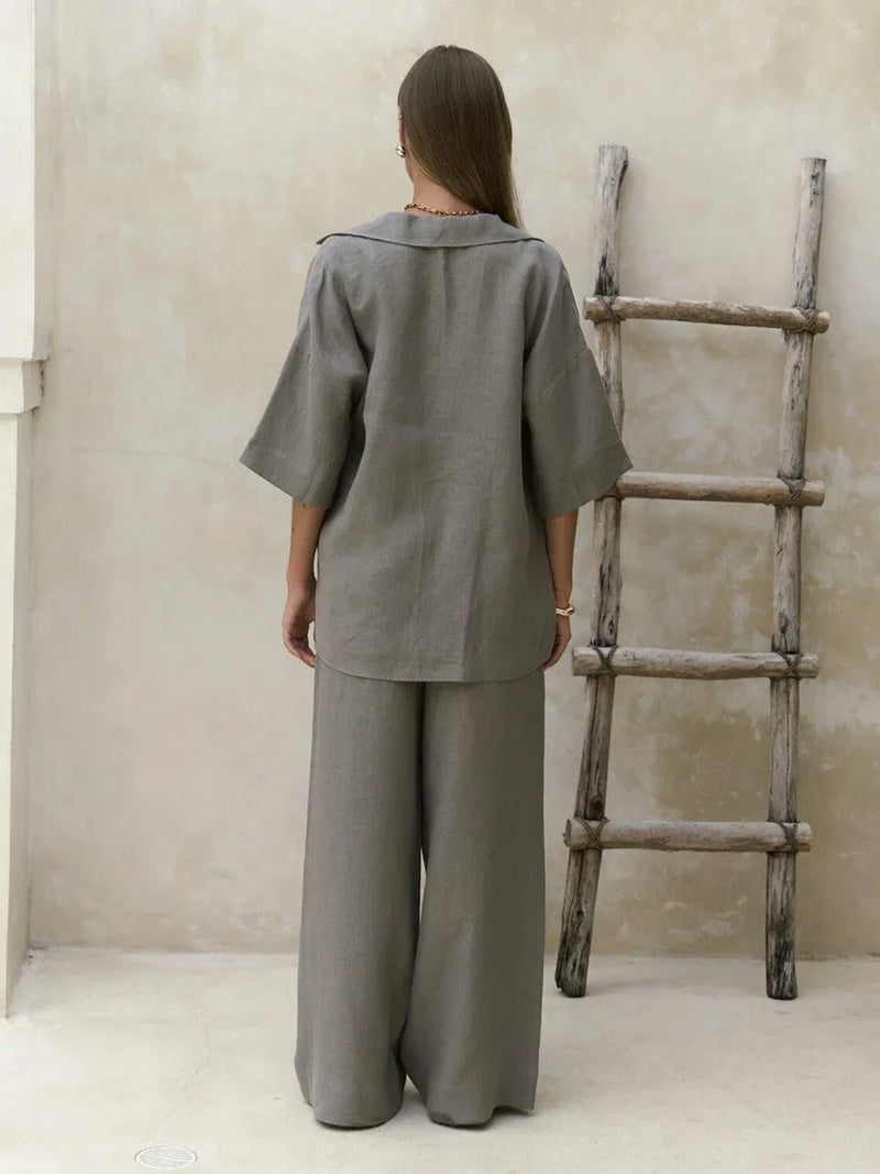 Wolfeel Verão Novo 100% Algodão – Conjunto de 2 Peças (Camisa de Manga Curta + Calça Solta)