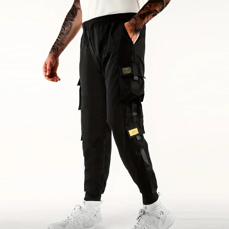 Calça Cargo Masculina com Vários Bolsos, Estilo Urbano, Ajuste Solto e Cordão