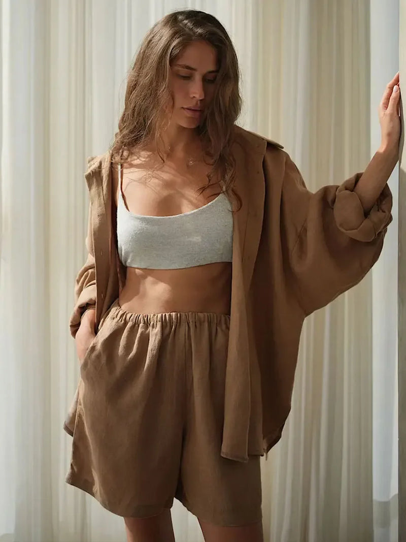 Conjunto Wolfeel — Shorts casuais 100% algodão, camisa aconchegante 🌿 – O conforto que desperta sua essência