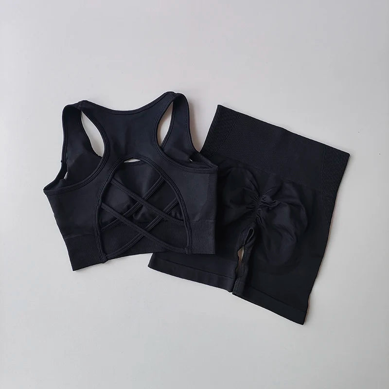 Conjunto de Ioga Feminino Sem Costura — 2 peças (Top Sexy + Shorts de Cintura Alta)