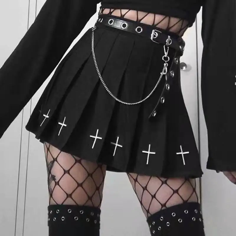 Mini saias pretas de cintura alta, góticas, plissadas, estilo streetwear, universitário, lolita e harajuku