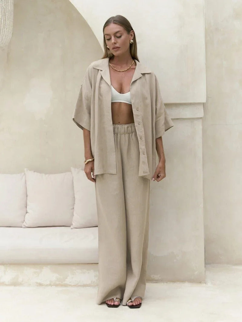Wolfeel Verão Novo 100% Algodão – Conjunto de 2 Peças (Camisa de Manga Curta + Calça Solta)