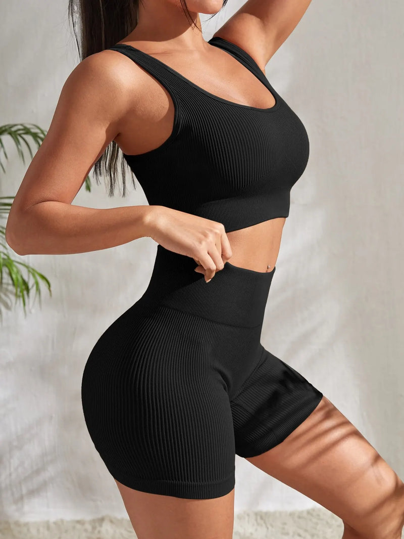 Conjunto de Ioga e Treino Feminino com Nervuras sem Costura (2 peças).