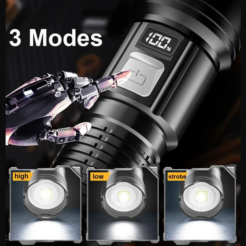 Lanterna superbrilhante de 1600000 LM recarregável por USB LED de longo alcance tática para áreas externas, à prova d'água, para acampamento e pesca