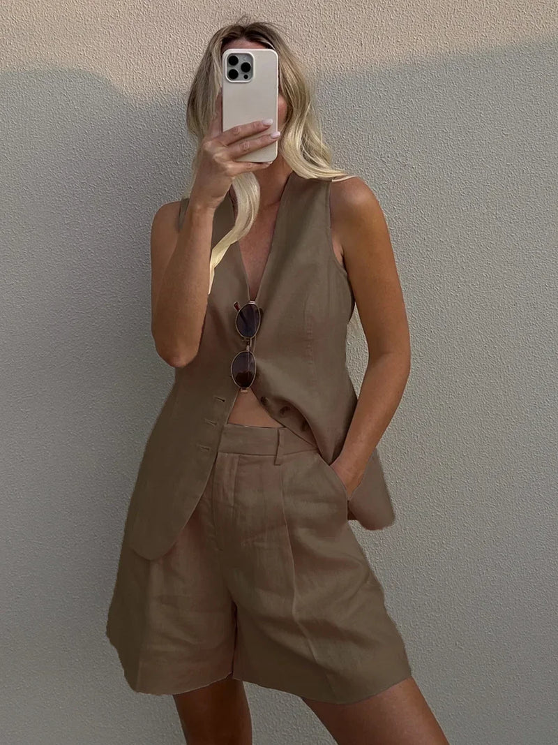 🌿 Wolfeel | Conjunto Algodão Linho Chique Casual Feminino Regata & Shorts – A Essência da Mulher Livre