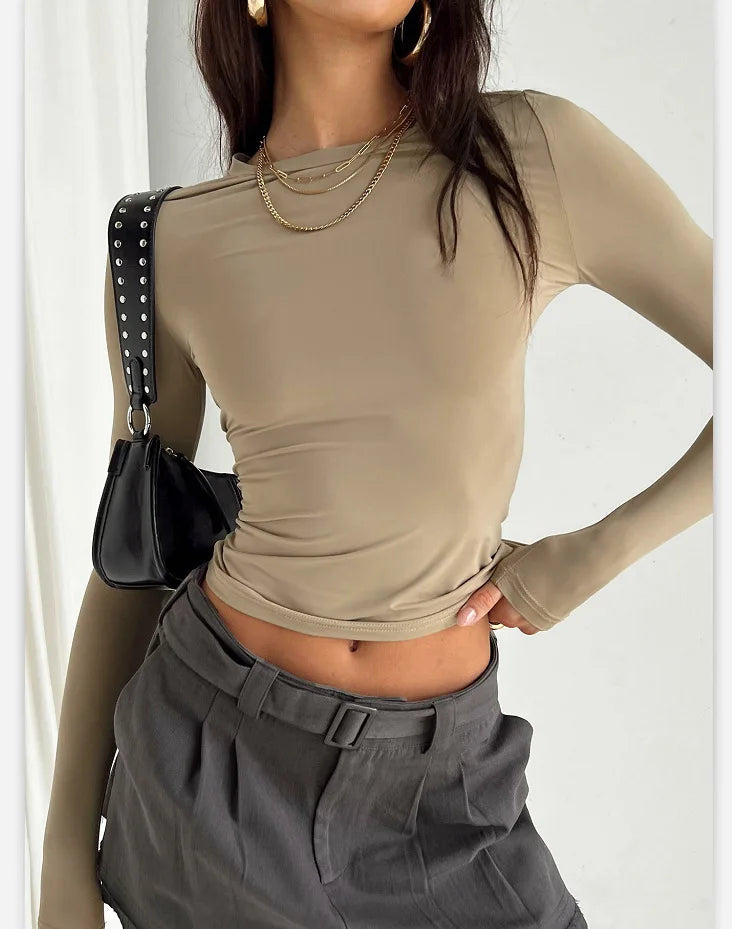 Camiseta feminina de manga curta, gola redonda, slim fit