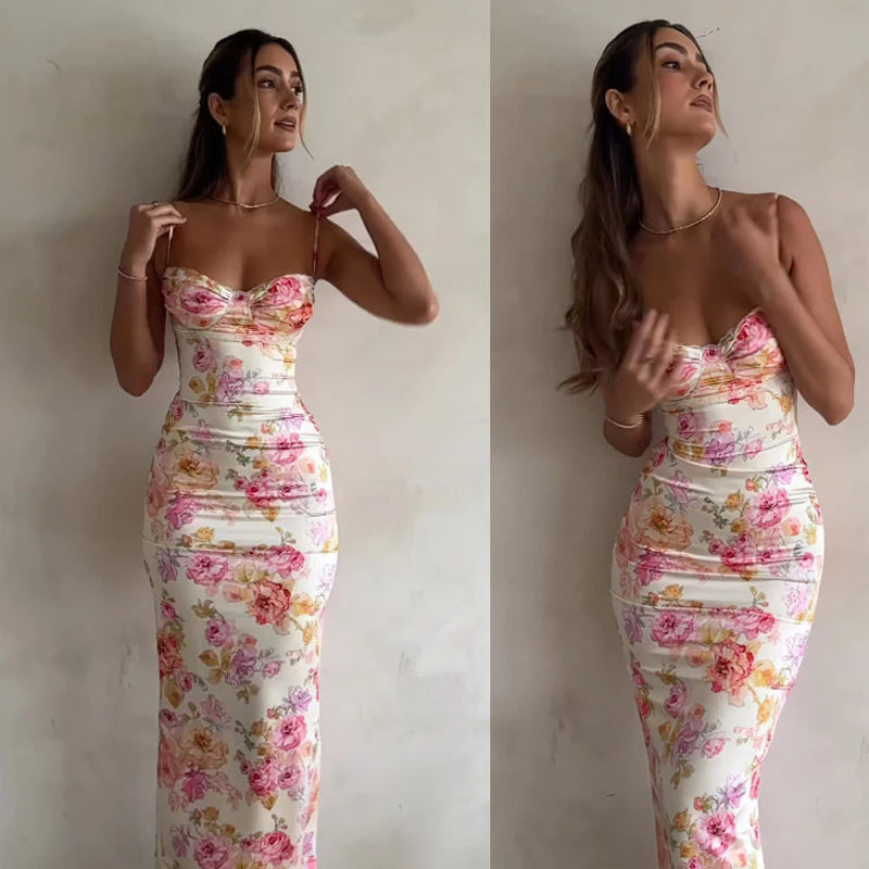 Novo Vestido Floral com Alças Finas e Fenda, estilo verão 2025