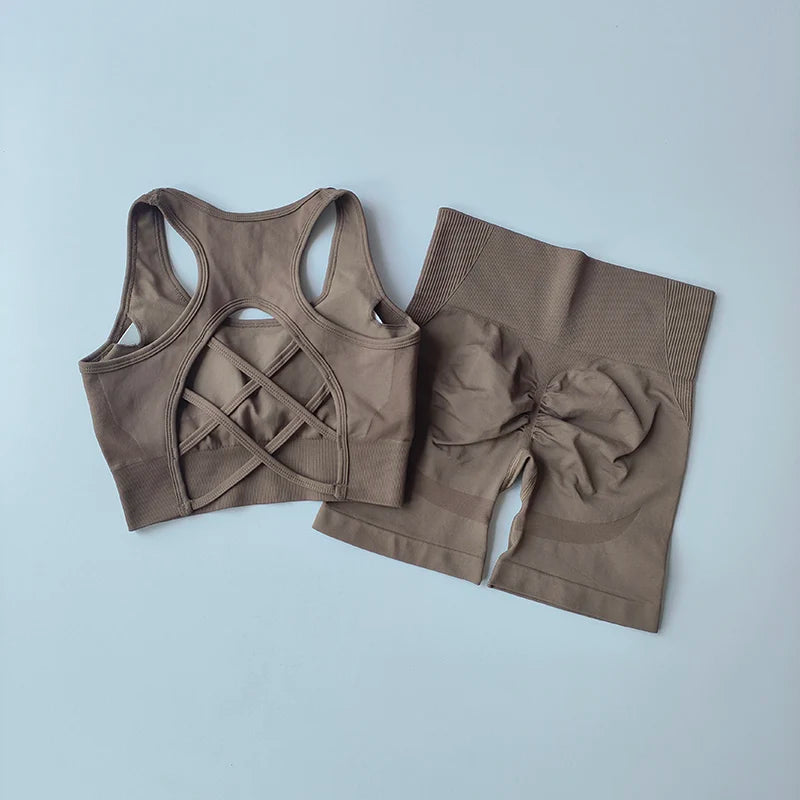 Conjunto de Ioga Feminino Sem Costura — 2 peças (Top Sexy + Shorts de Cintura Alta)