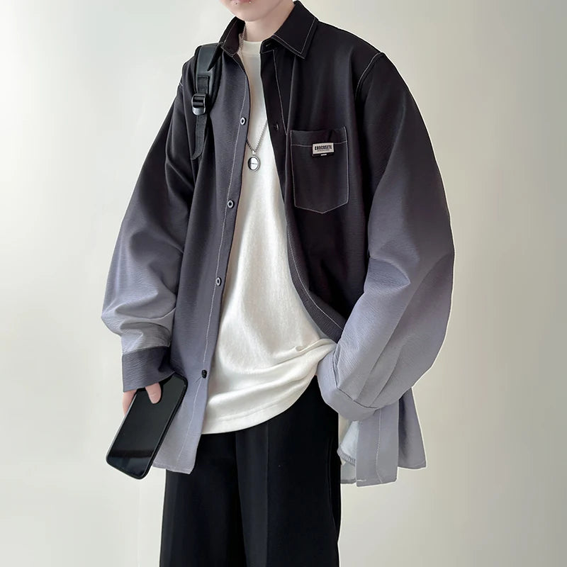 🔥 Camisa Masculina Plissada Gradiente Estilo Coreano, Solta e de Alta Qualidade – Estilo, Liberdade e Força em Cada Detalhe