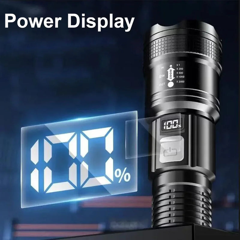 Lanterna superbrilhante de 1600000 LM recarregável por USB LED de longo alcance tática para áreas externas, à prova d'água, para acampamento e pesca