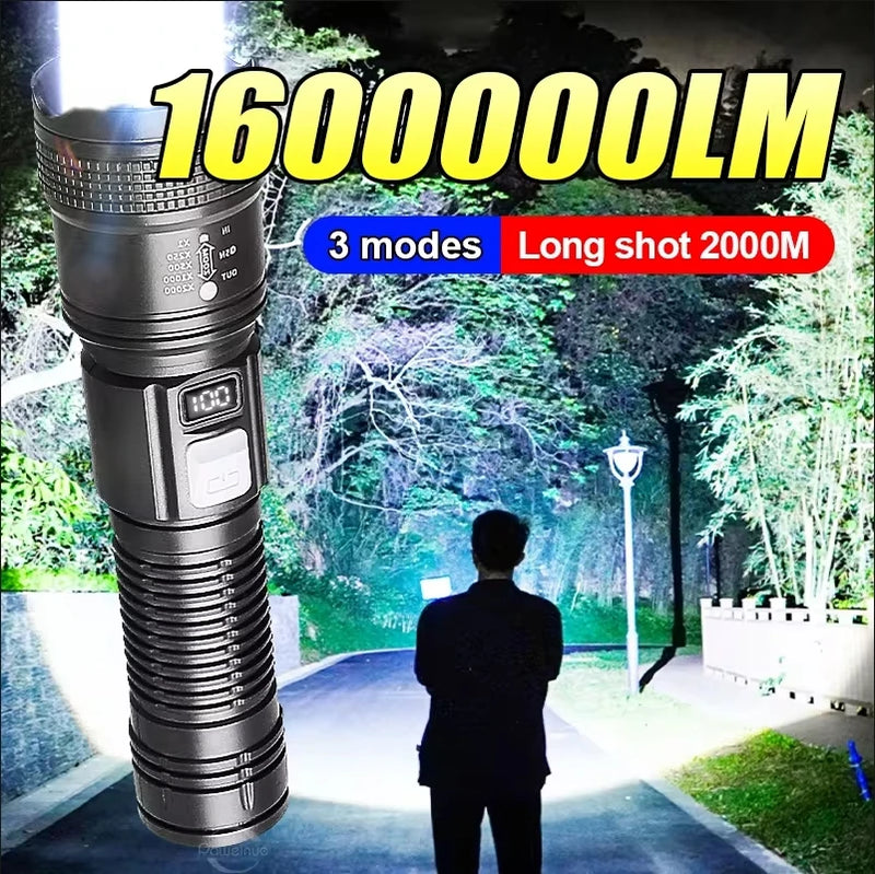 Lanterna superbrilhante de 1600000 LM recarregável por USB LED de longo alcance tática para áreas externas, à prova d'água, para acampamento e pesca