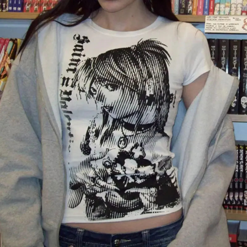 Camiseta feminina curta Y2K/anime/harajuku estética emo anos 90