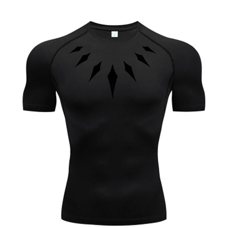(Camisa de compressão masculina PANTERA NEGRA) — camiseta esportiva de academia com secagem rápida, elasticidade