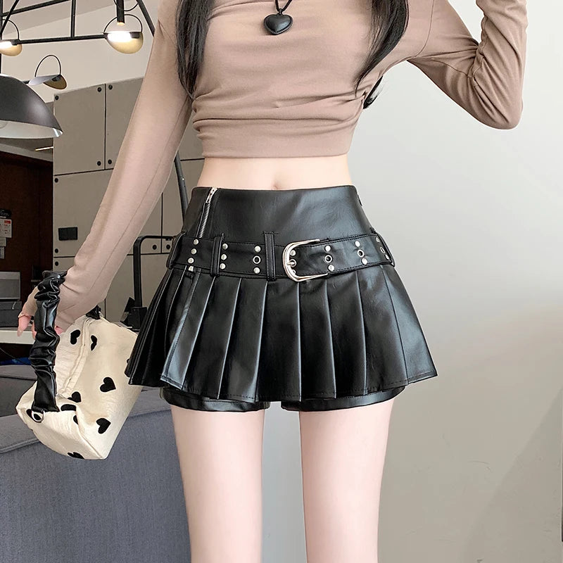 Saia feminina gótica preta de couro plissada estilo Y2K