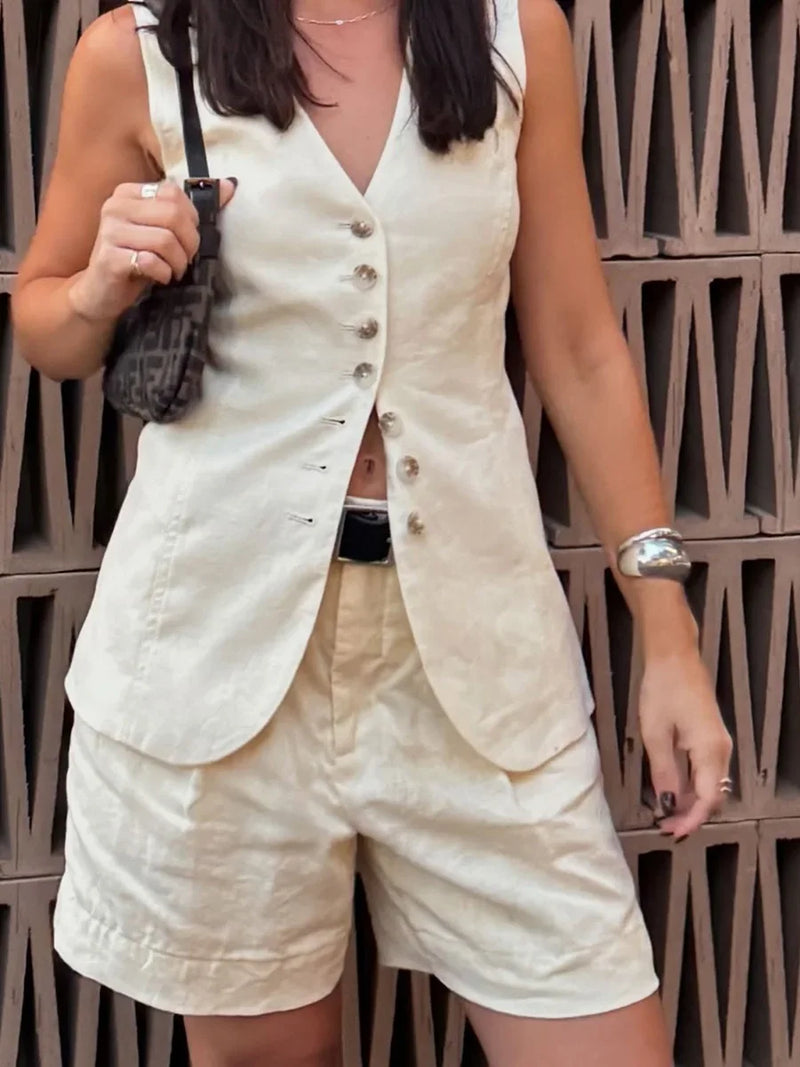 🌿 Wolfeel | Conjunto Algodão Linho Chique Casual Feminino Regata & Shorts – A Essência da Mulher Livre