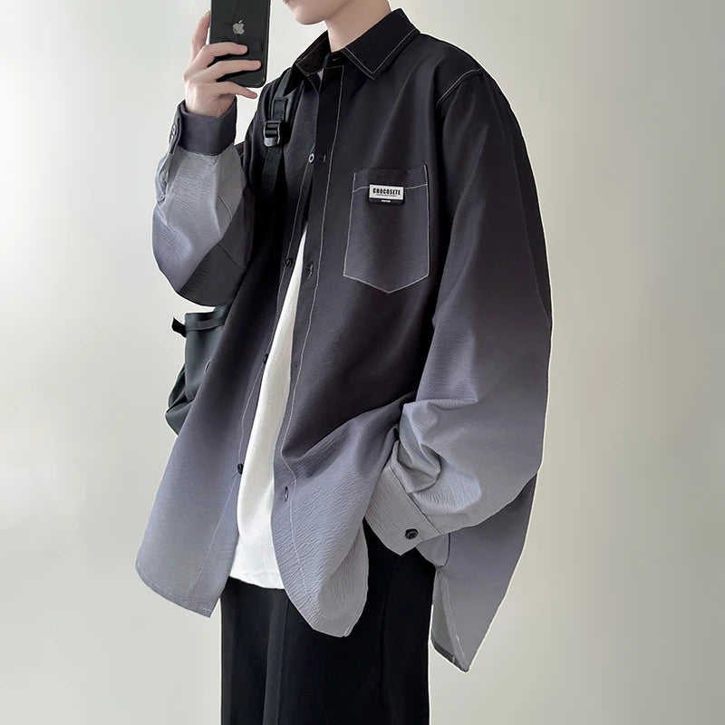 🔥 Camisa Masculina Plissada Gradiente Estilo Coreano, Solta e de Alta Qualidade – Estilo, Liberdade e Força em Cada Detalhe